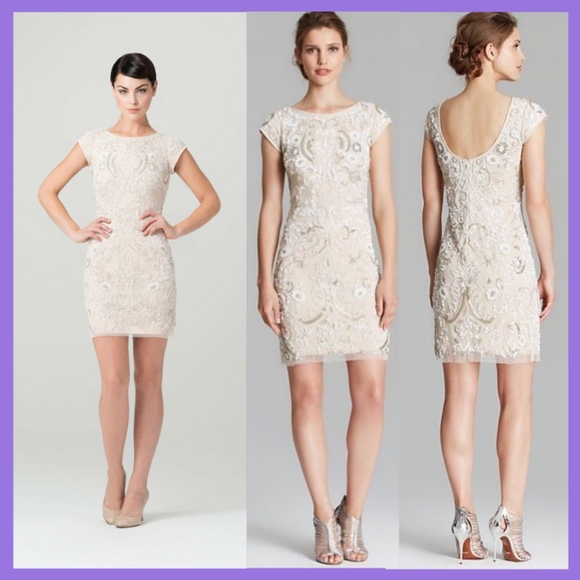 NWT $395 Aidan Mattox Cap Sleeve Scoop Back Beaded Sheath Dress [SZ‎ 14 ] - Picture 3 of 7